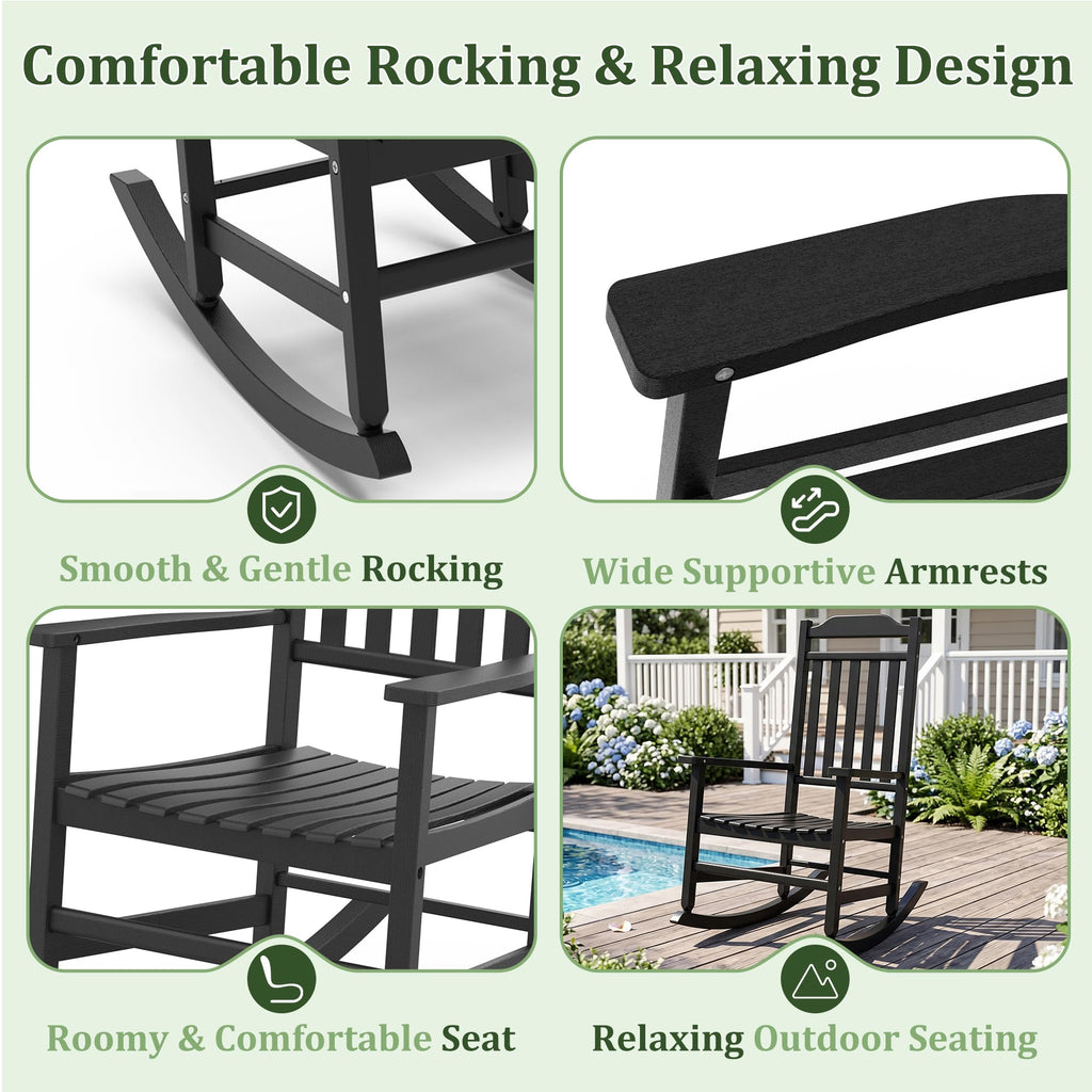 Outdoor Rocking Chairs Set of 2 and Side Table, All Weather Thickened Resin