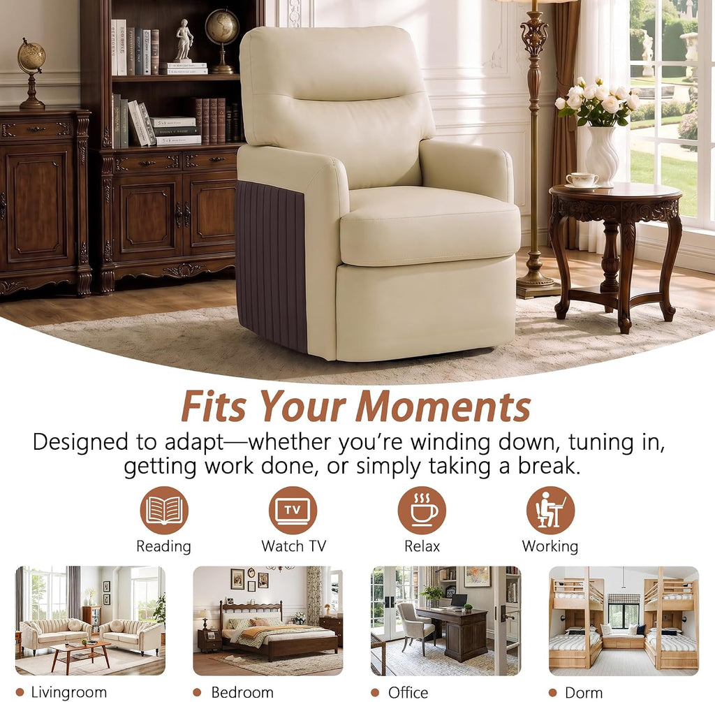 Swivel Leather Accent Chair, Oversized Mid-Century Living Room Chairs,Beige - Set of 2