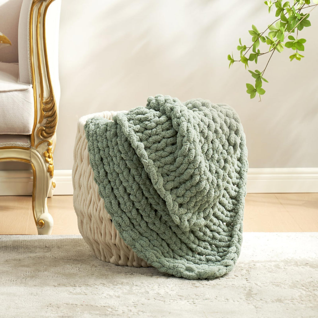 Chenille Chunky Knit Throw Blanket 50"x60", Sage Green