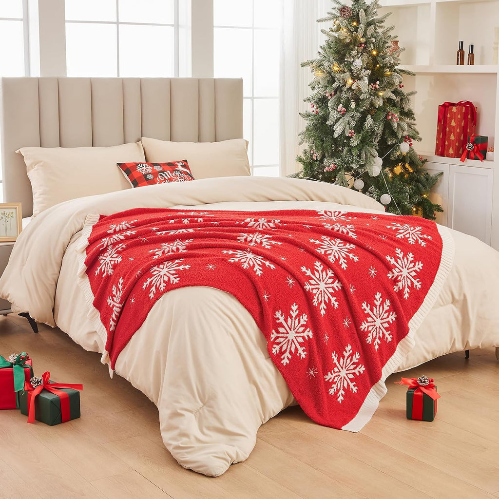 Reversible Knitted Throw Blanket, Red Christmas Snowflake, 60"x80"