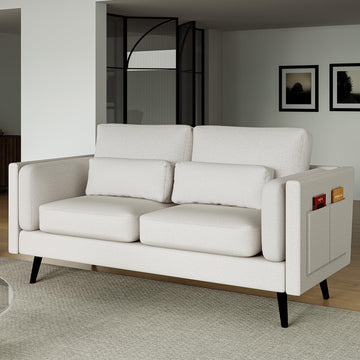 68.5 Inch Modern Loveseat Sofa Couches, Small Sofa with 2 Waist Pillows, Natural Linen Upholstered Couch, Solid Wood