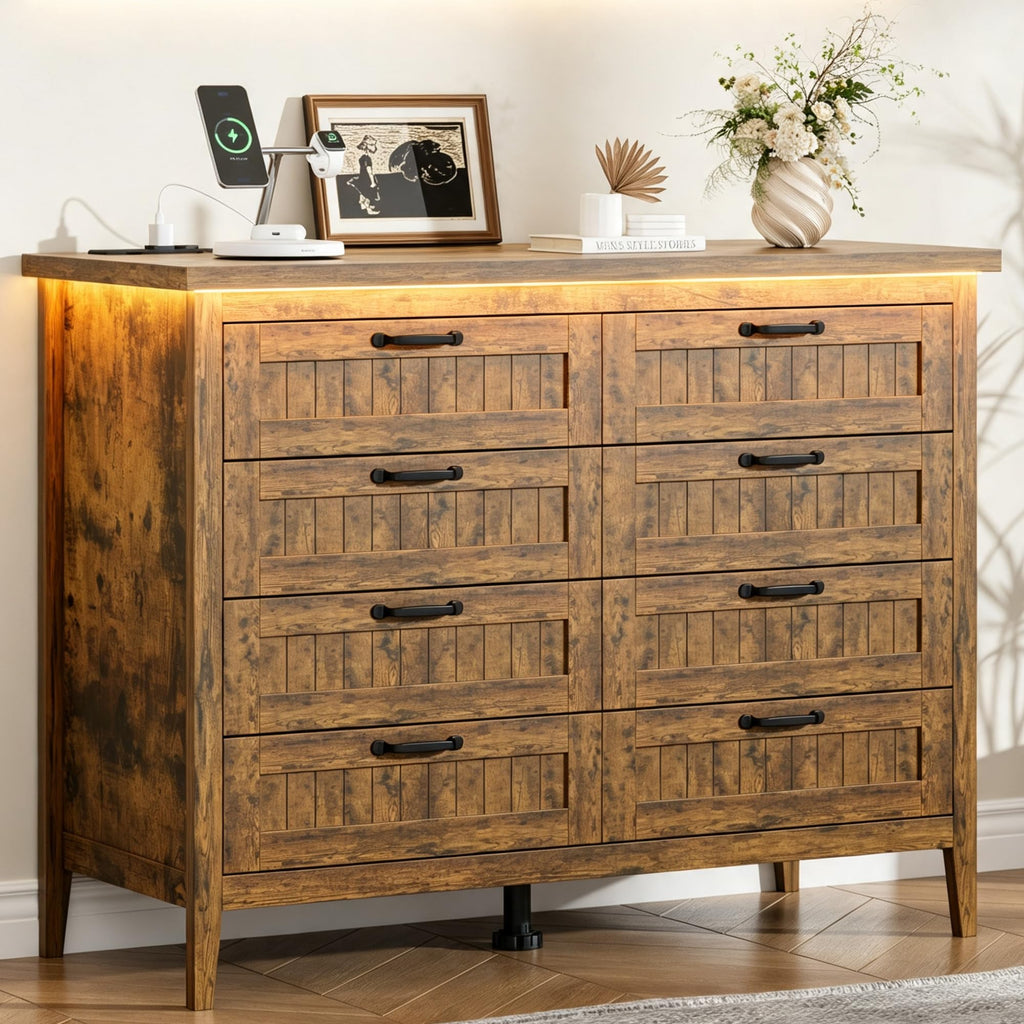 47.3'' Rustic Brwon 8 Drawer with Power Outlet & LED Lights