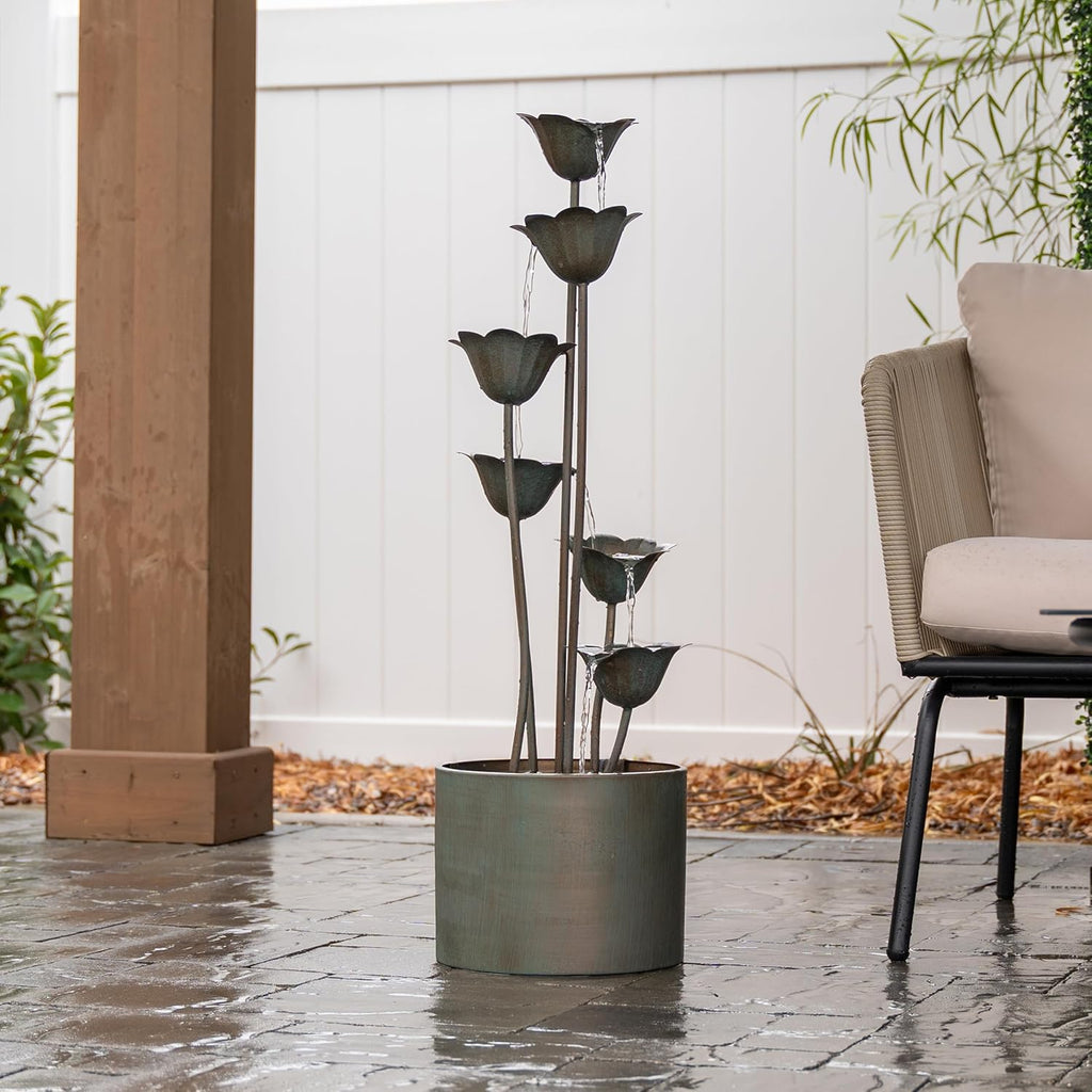 35" Tall Silver Metal Sculptural Flower Multi-Tier Freestanding Water Fountain for Indoor & Outdoor Use