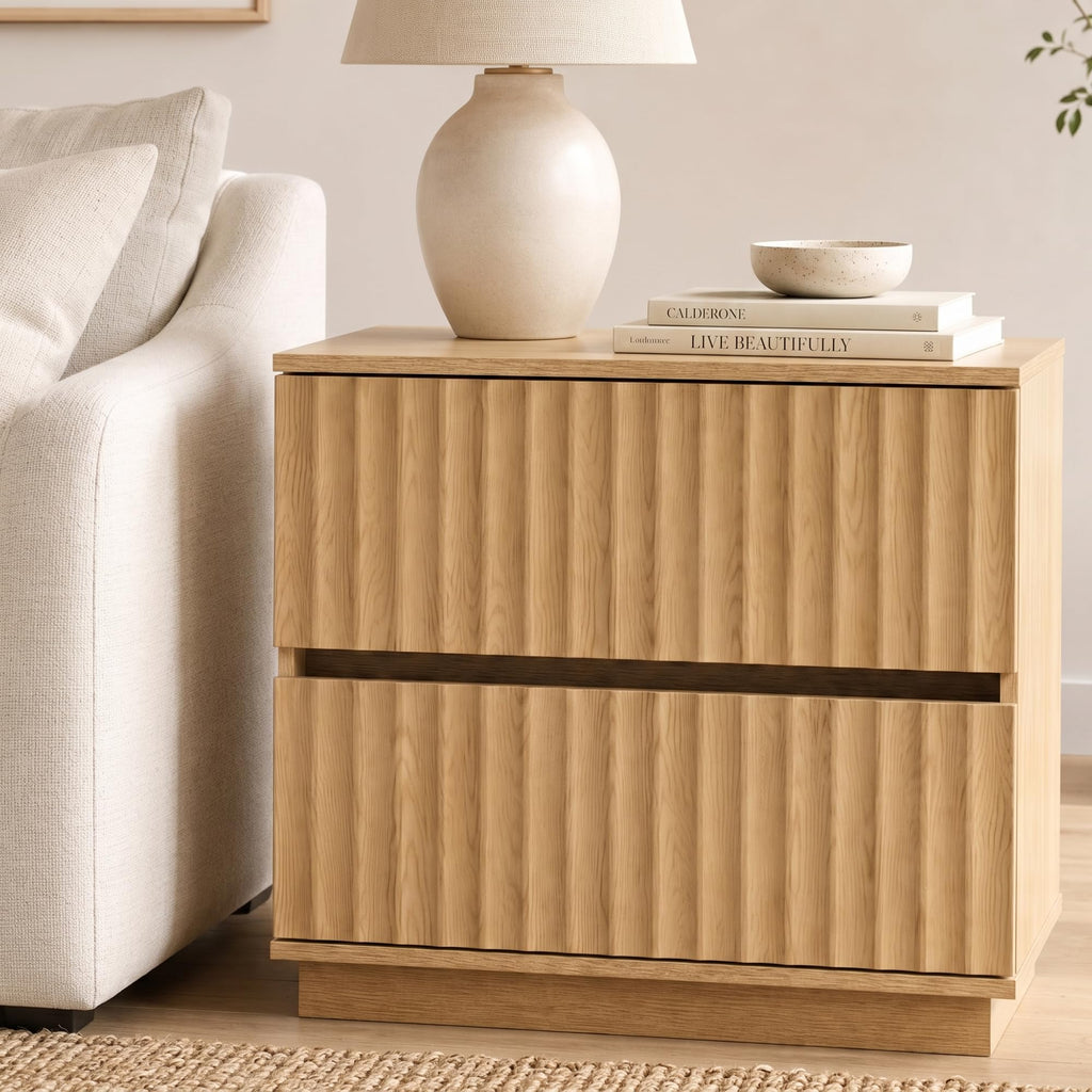 Fluted Nightstand with 2 Drawers, 23.6-Inch Wide, Natural Oak