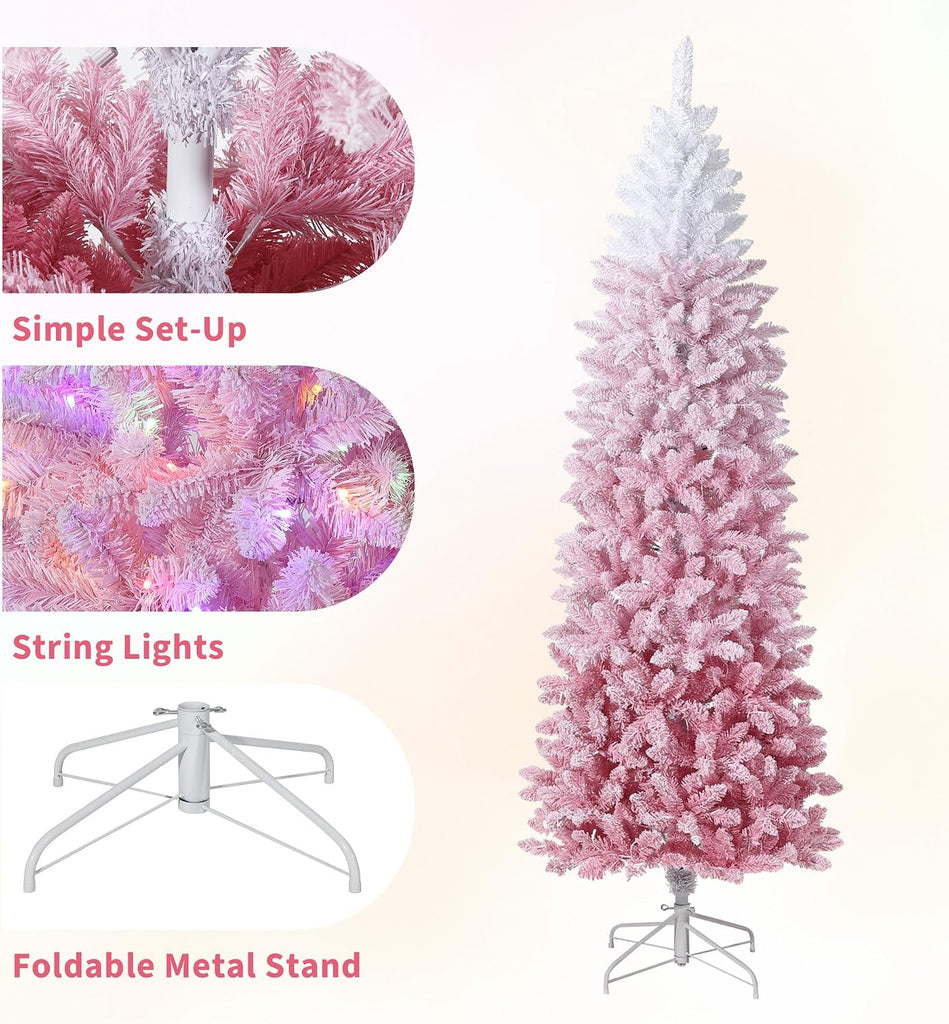 Prelit Artificial Christmas Tree with RGB & Warm White Lights, Pre-Lit Snow Flocked Pencil Christmas Tree