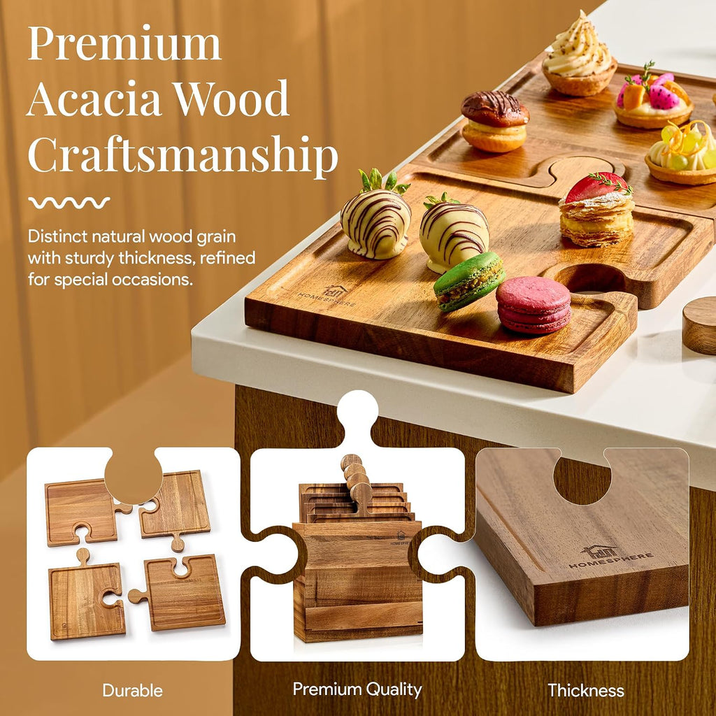 Wooden Charcuterie Boards, Appetizer Tray for Parties & Cutting Board with Handle, Set of 4, Acacia Wood Board, Wine