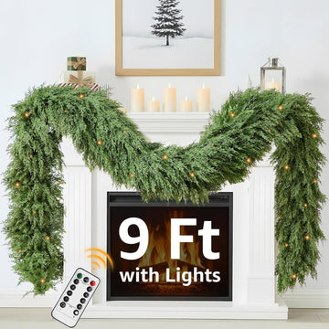 Cedar Christmas Garland with Lights for Mantle - Decorations 9 ft Realistic Lighted Faux Pine Garlands for Xmas