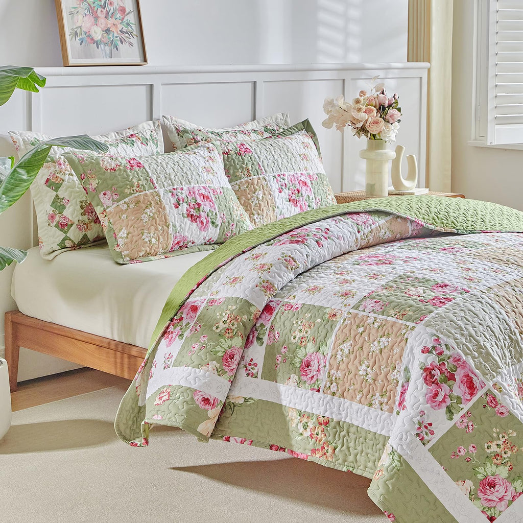 Patchwork Quilt Set, 3 Pieces Green White Pink Floral Plaid Reversible American Country Bedspread Coverlet