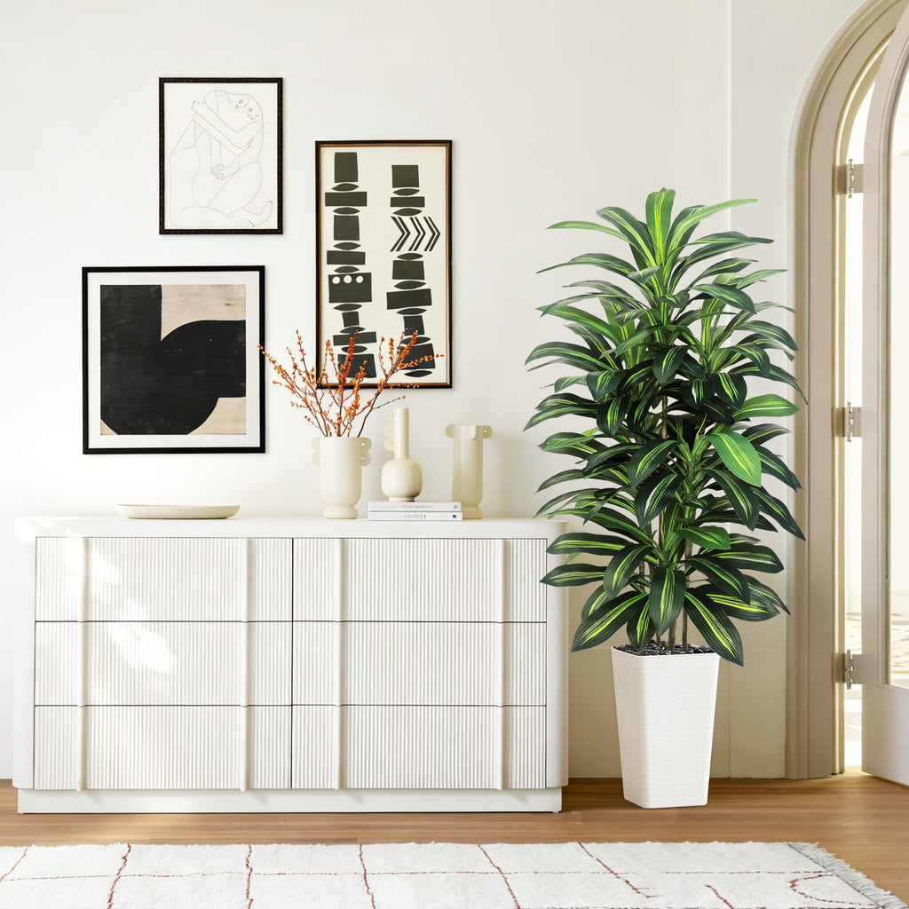 Artificial Dracaena Tree 6FT, faux plants indoor with White Tall Planter