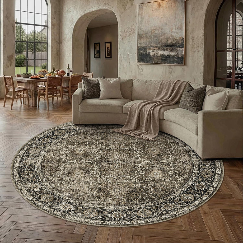Brown Round Area Rug 8ft Washable 8x8 Circle Vintage Low Pile Indoor Large Kitchen Living Room Carpe