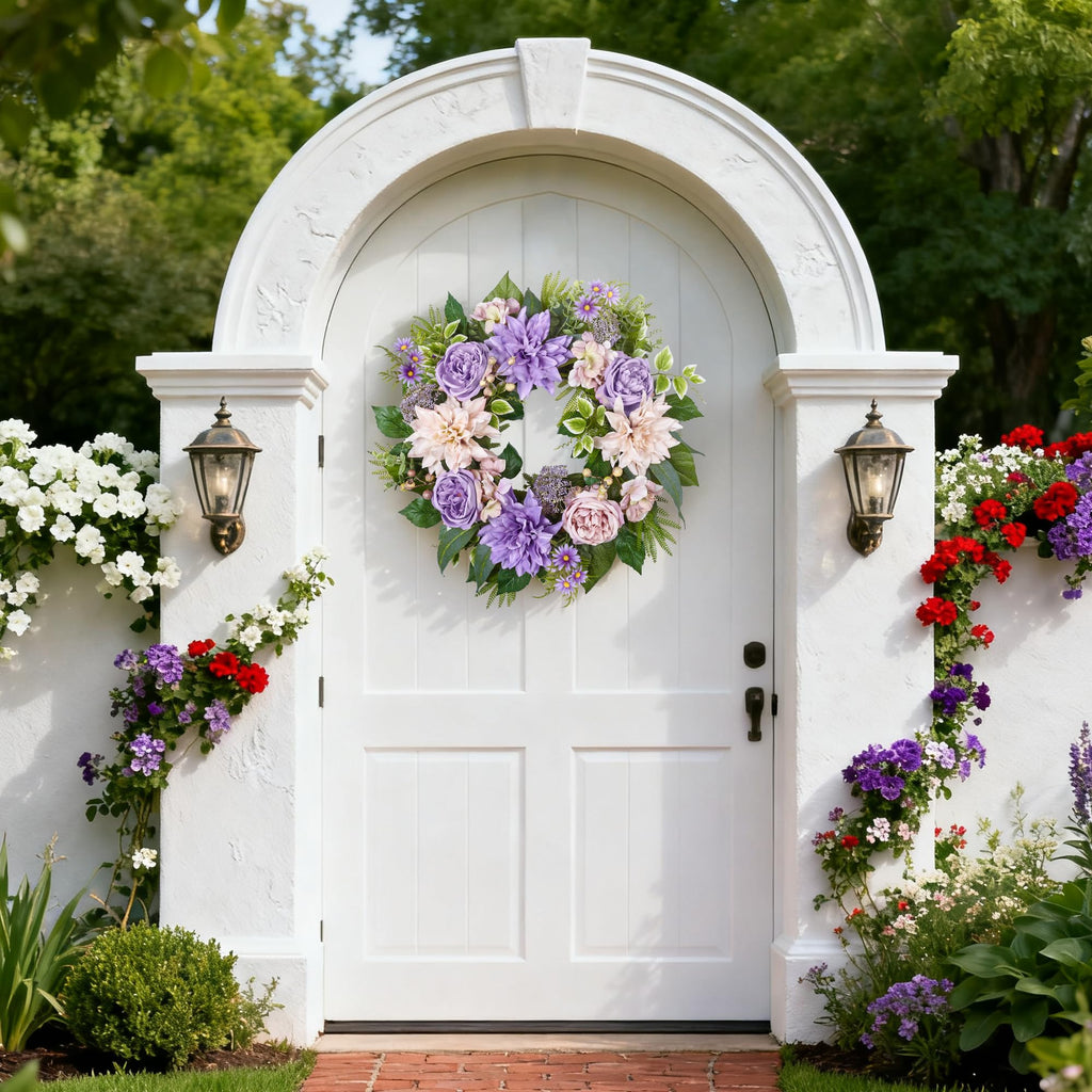 24 Inch Spring Summer Wreath for Front Door with Roses Dahlias Silk Flowers with Berry Greenery for All Seasons