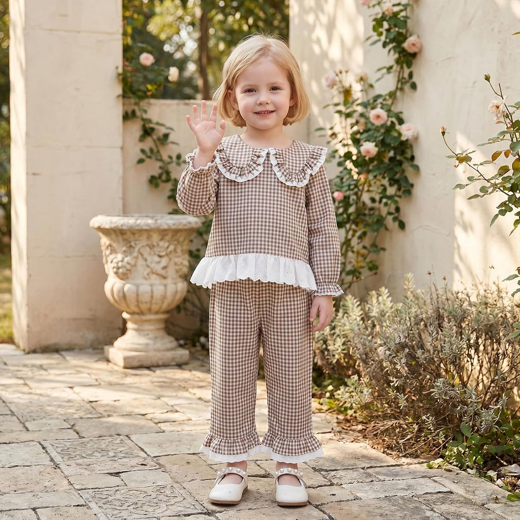 Toddler Baby Girl Fall Winter Outfits Plaid Collared Ruffle Shirt Pants Set