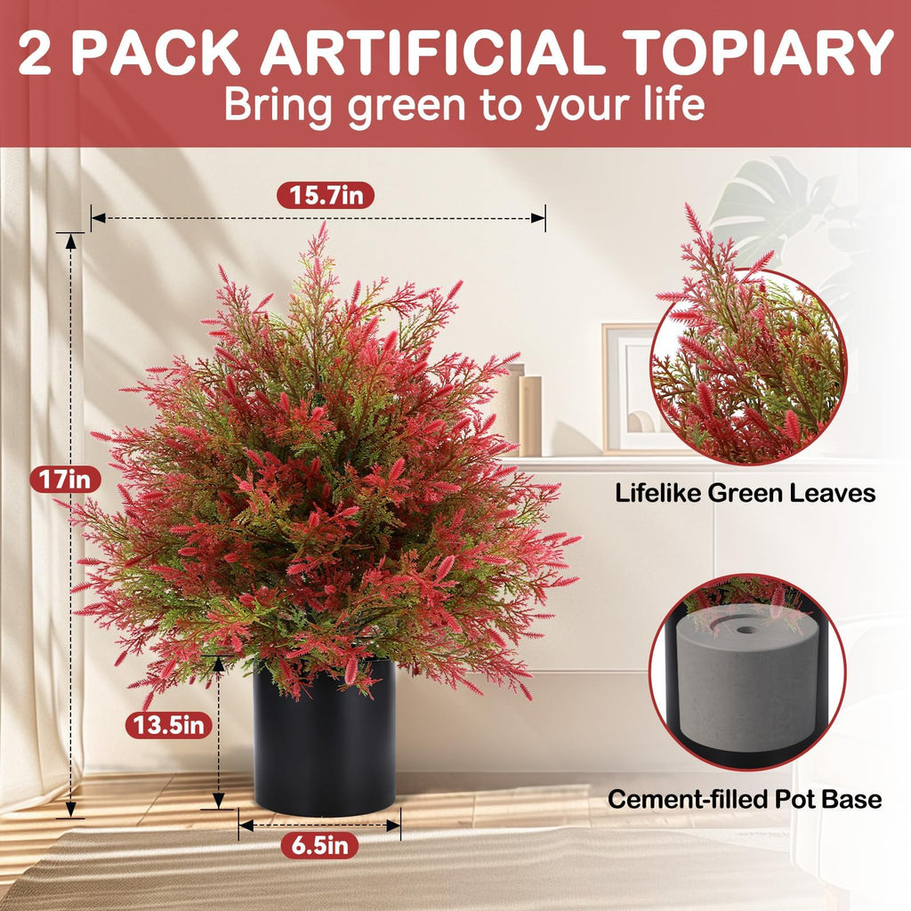Artificial Fall Cedar Topiary Trees in Pot, 2 Pack UV Resistant Faux Greenery Shrubs, Fall Decoration for Outdoors