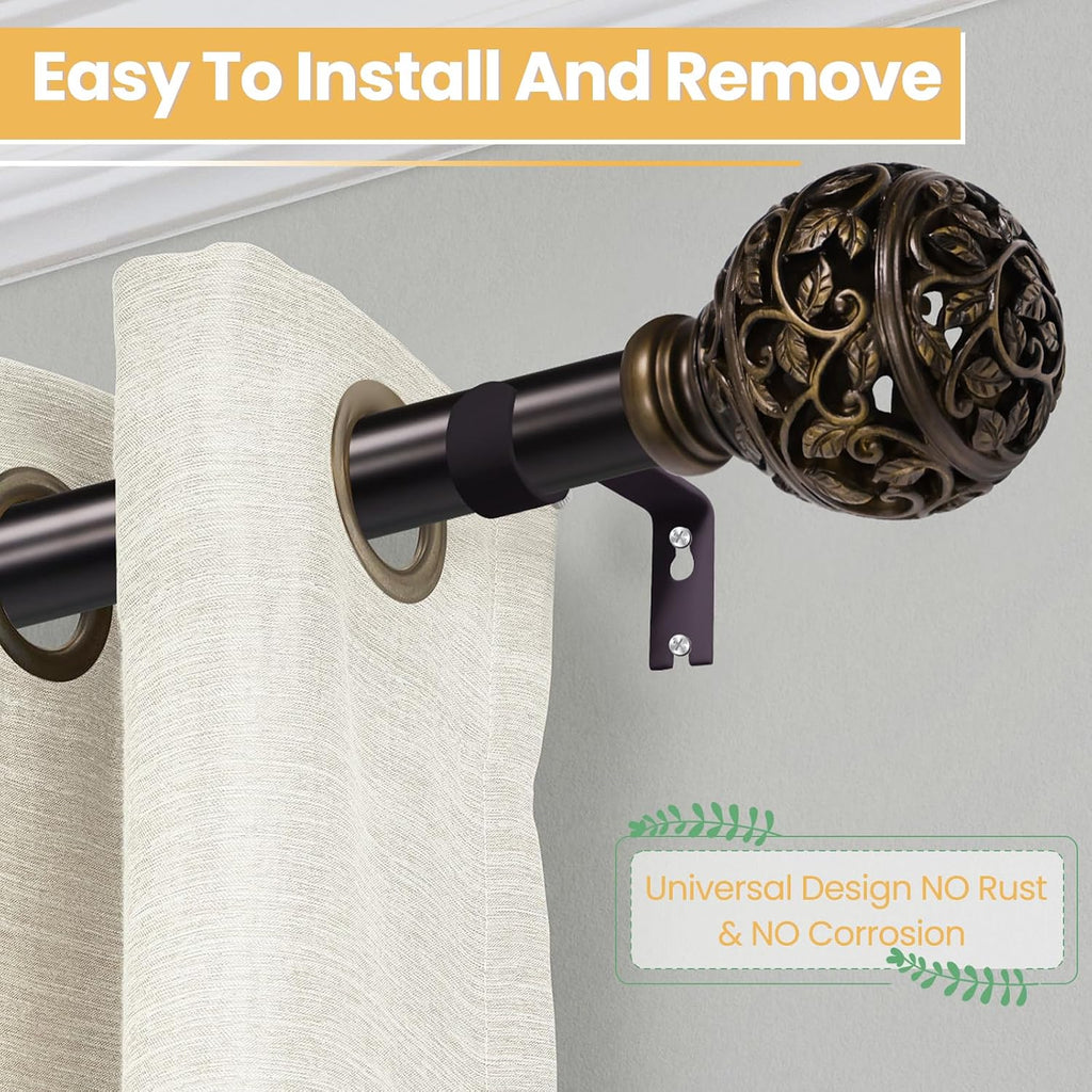 Curtain Rods For Windows 28 to 48 Inches, 1 Inch Heavy-Duty Adjustable Decorative Curtain Rods With Branches Leaves