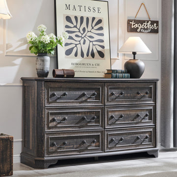 Farmhouse 6 Drawers, 54" Wide Wood Rustic Chest of Drawers with Natural Texture, Vintage Design, Storage Dressers