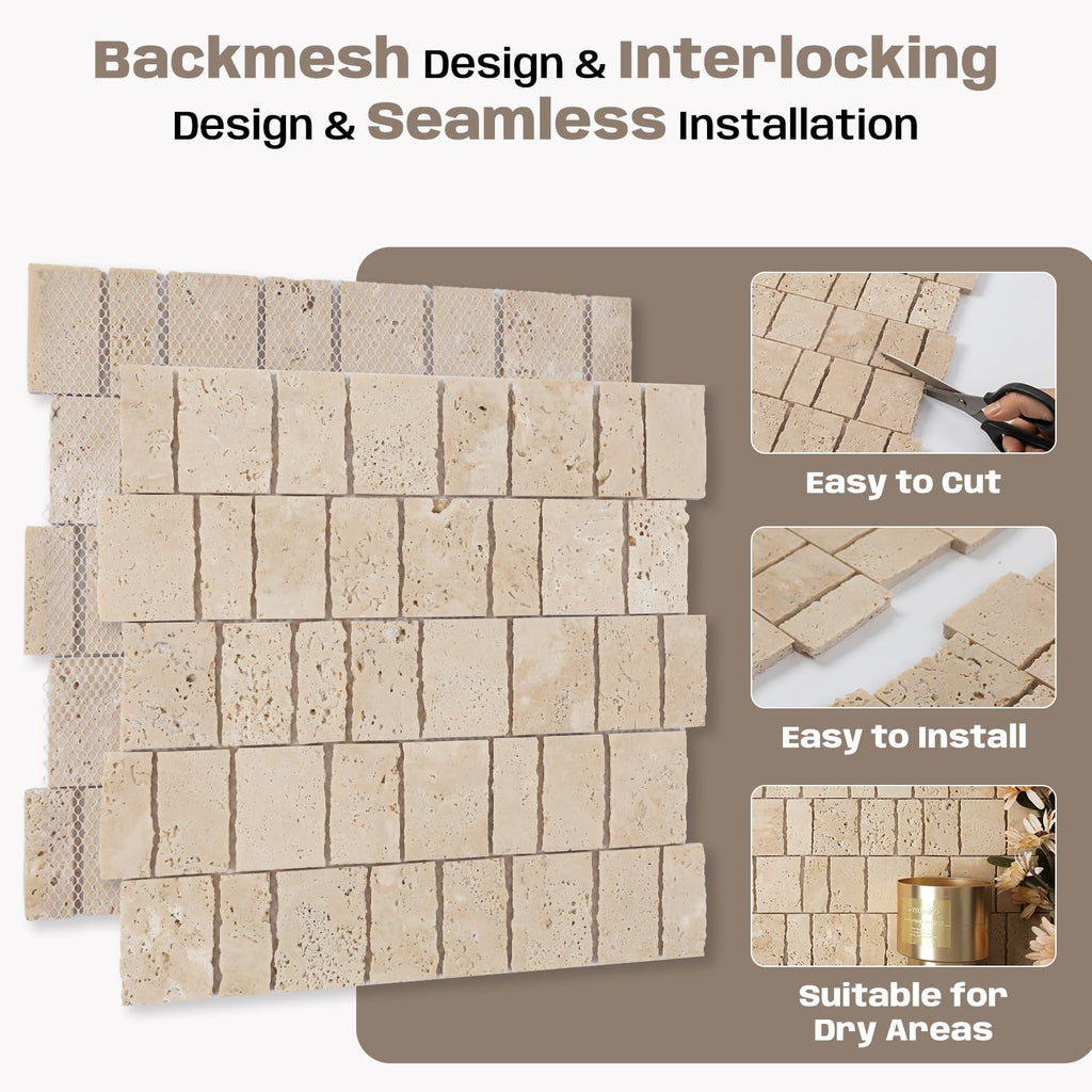 2×3 Inch Piano Travertine Marble Mosaic Tile for Wall Floor, 5 Sheets
