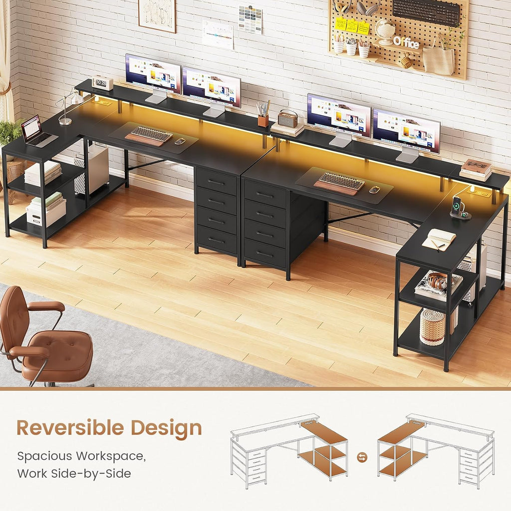 L Shaped Gaming Desk with 4 Drawers, Shelves, Power Outlets, Black | L Shaped Desk with LED Lights , Computer Desk