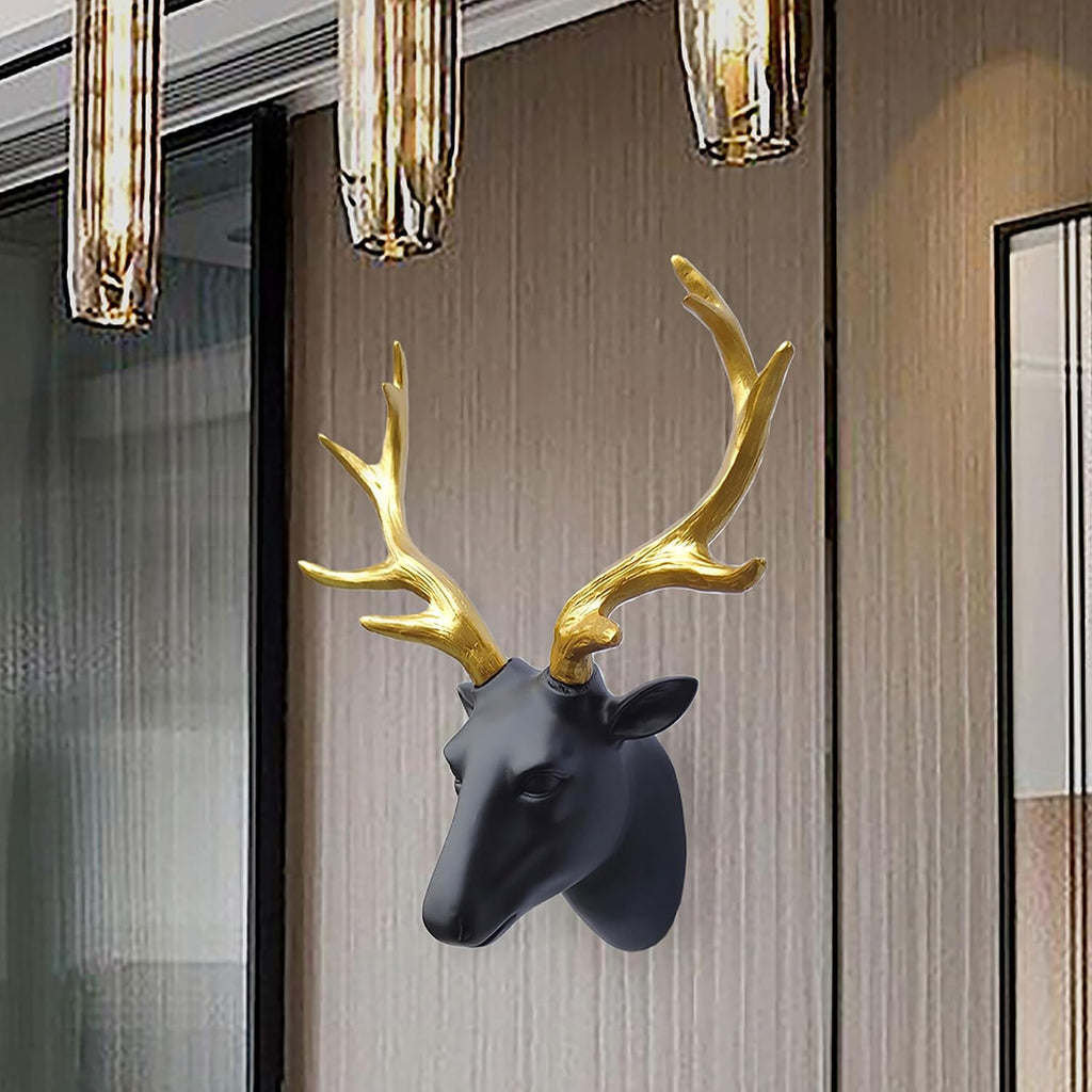 Deer Head Wall Decor-Wall Sculpture Resin Deer Head Gold Antler Faux Skull-Handmade Wall Art Hanging Rustic Animal