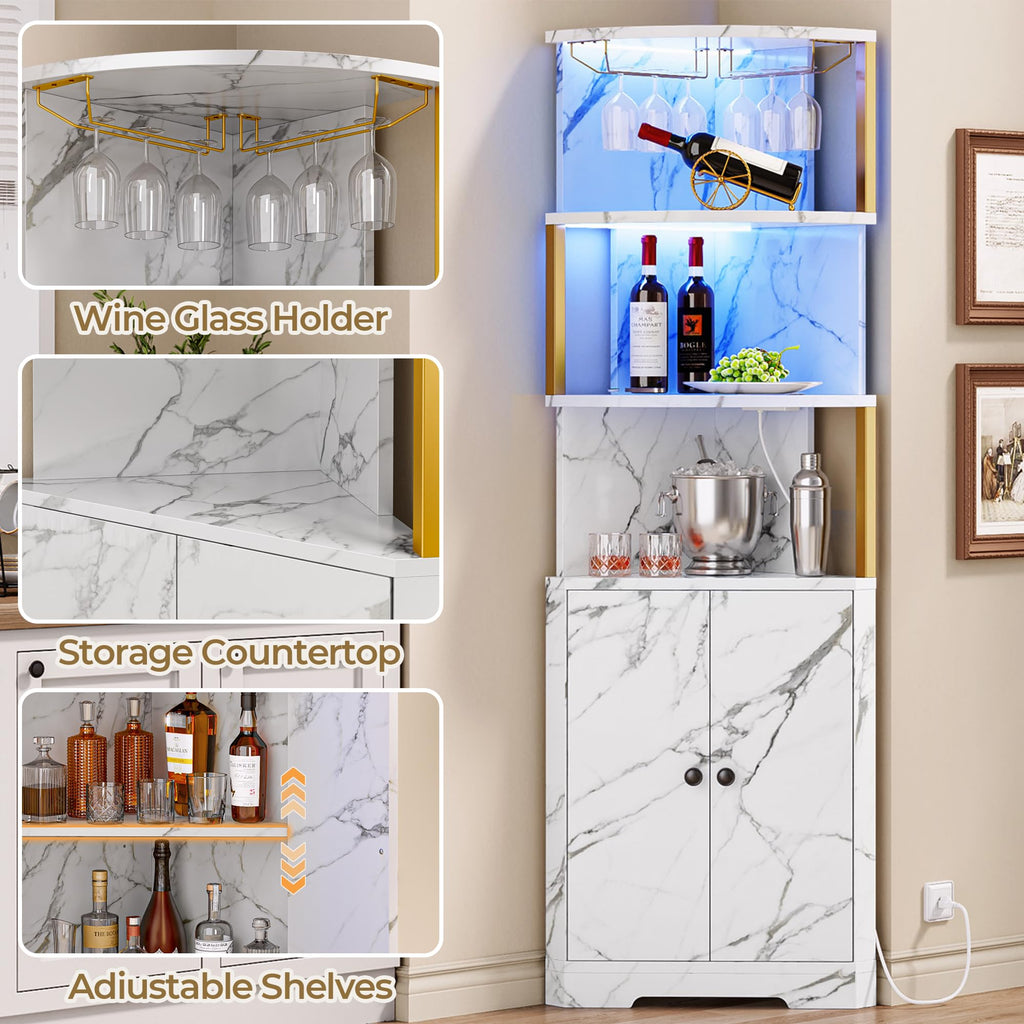 71'' Corner Bar Cabinet with LED Lights, 5-Tier Wine Rack with Power Outlets, Glass Holder and Door, Liquor Cabinet