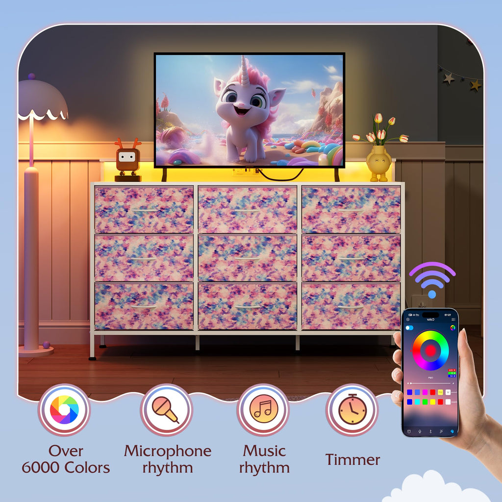 Dresser TV Stand with LED Lights & Outlets, 9 Fabric Drawers, Tie-dye