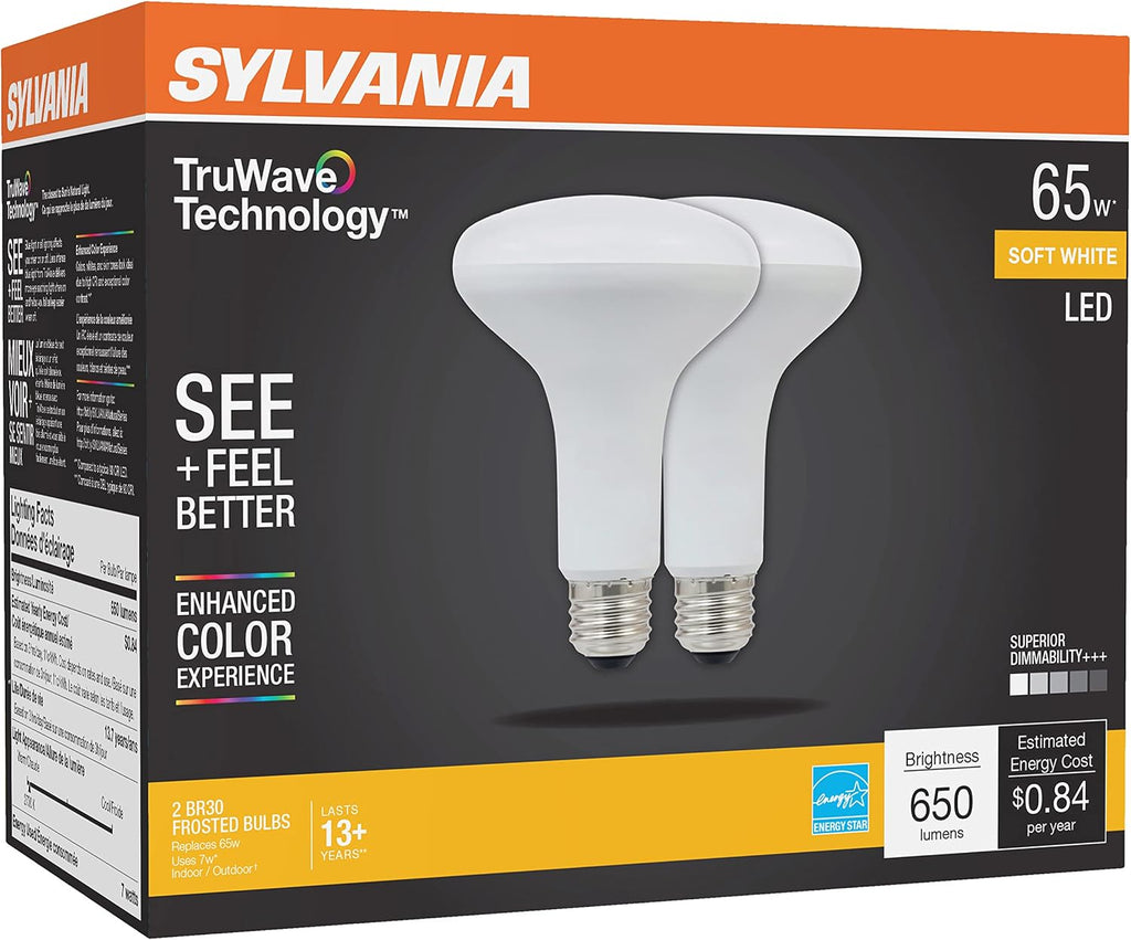 LED TruWave Natural Series BR30 Light Bulb, 65W Equivalent Efficient 7W, Medium Base, Dimmable, 650 Lumens, Frosted