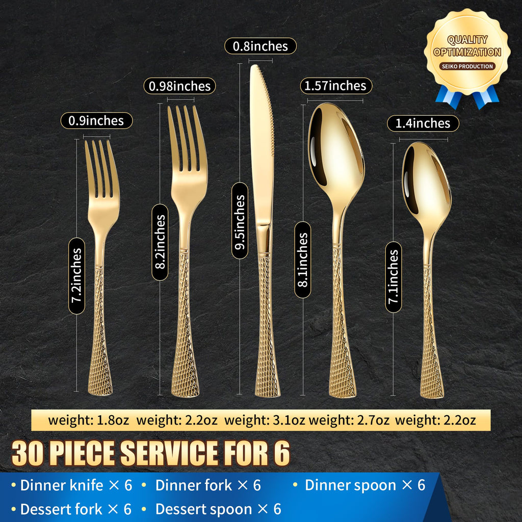 Hammered Gold Silverware Set,30 Piece Modern Flatware Set Service for 6,Mirror Polished Stainless Steel Cutlery Set