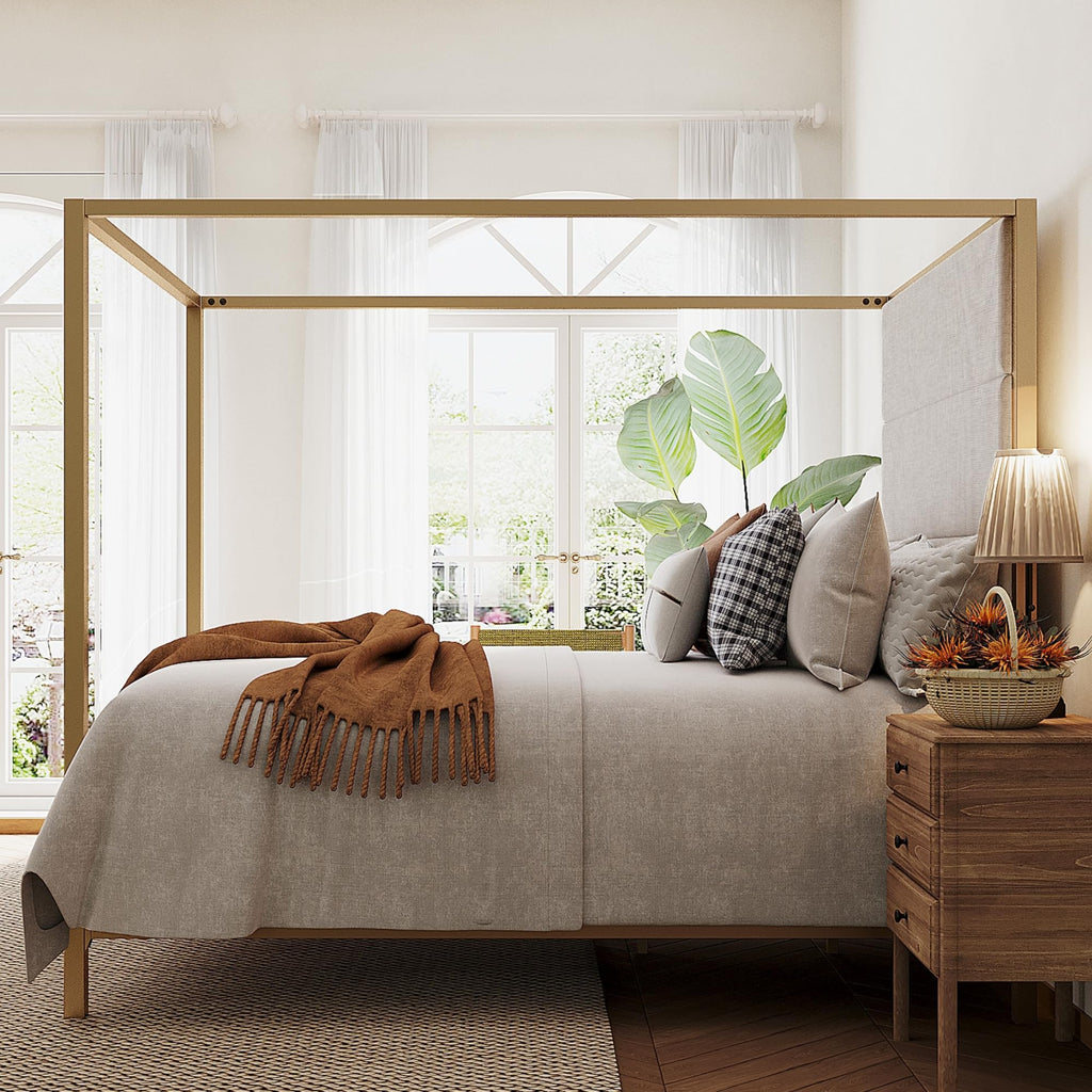 King Canopy Bed with Tall Linen Headboard, Metal Frame, Gold & Tan