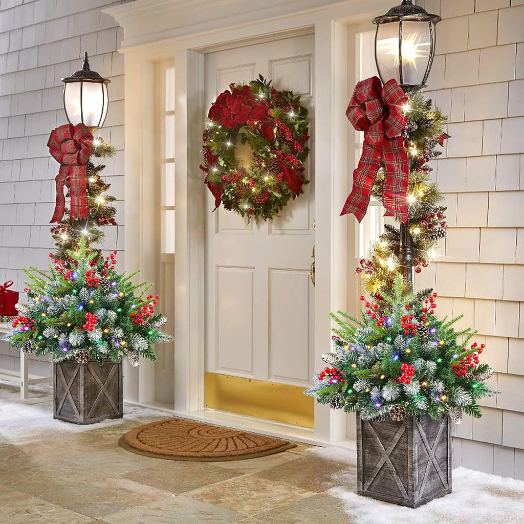 Set of 2 18 Inch Lighted Frosted Outdoor Christmas Tree with Remote &Timer