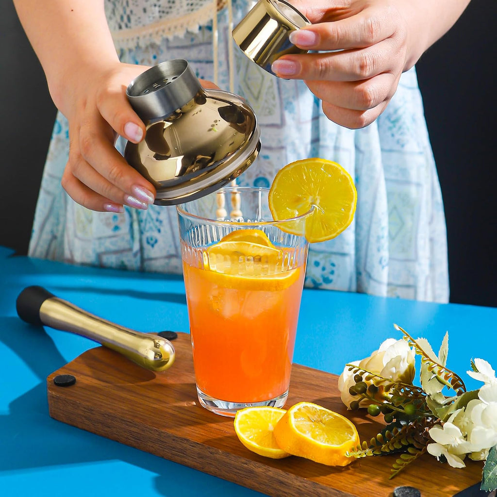 Cocktail Shaker Set 17oz, Gold Glass Martini Shaker with Strainer & Lid, Durable Bar Tools Bartenders, Gift Box