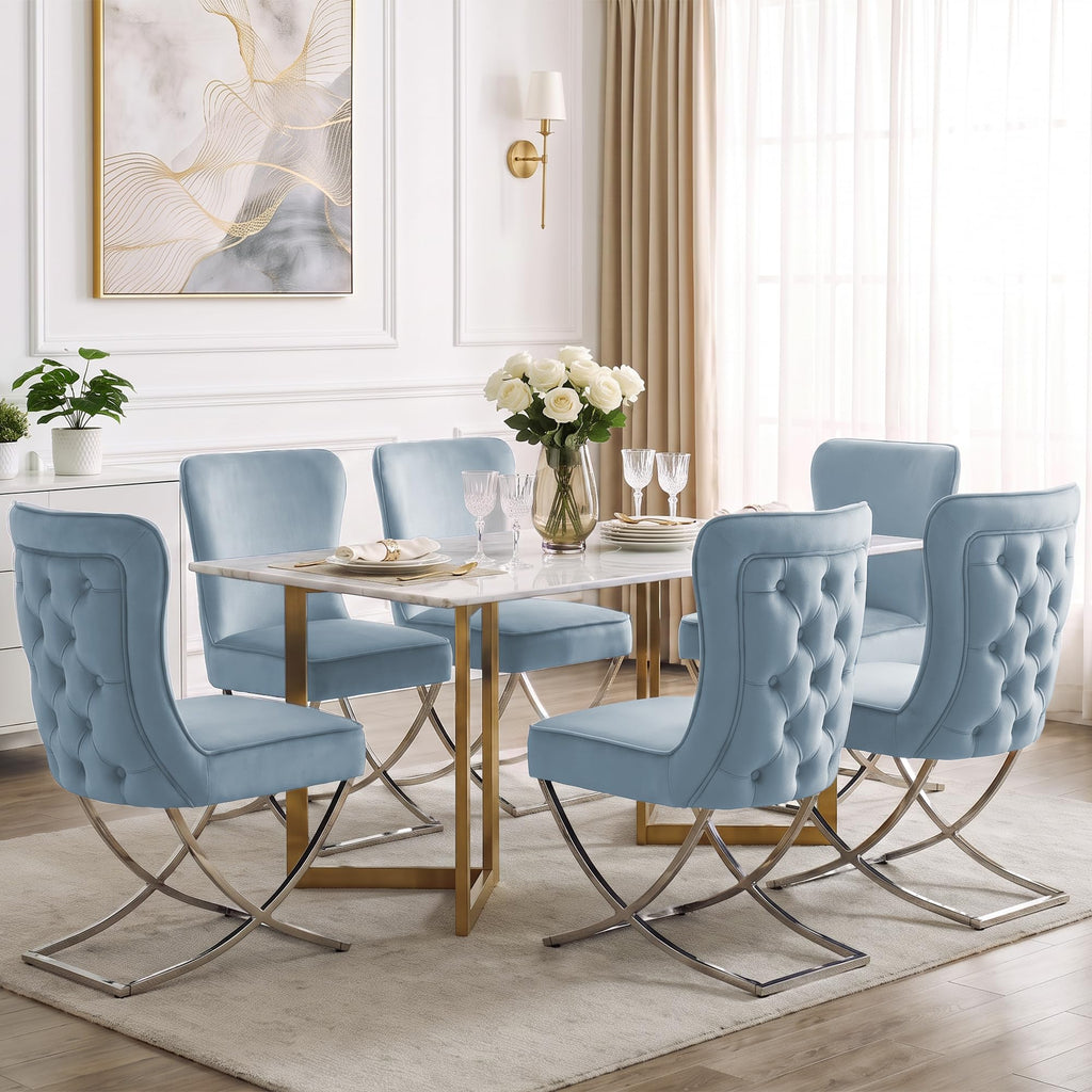 Luxury Velvet Dining Chairs, Tufted Upholstered Armless Accent Chairs with Silver Metal X-Legs, Modern Glam Dining