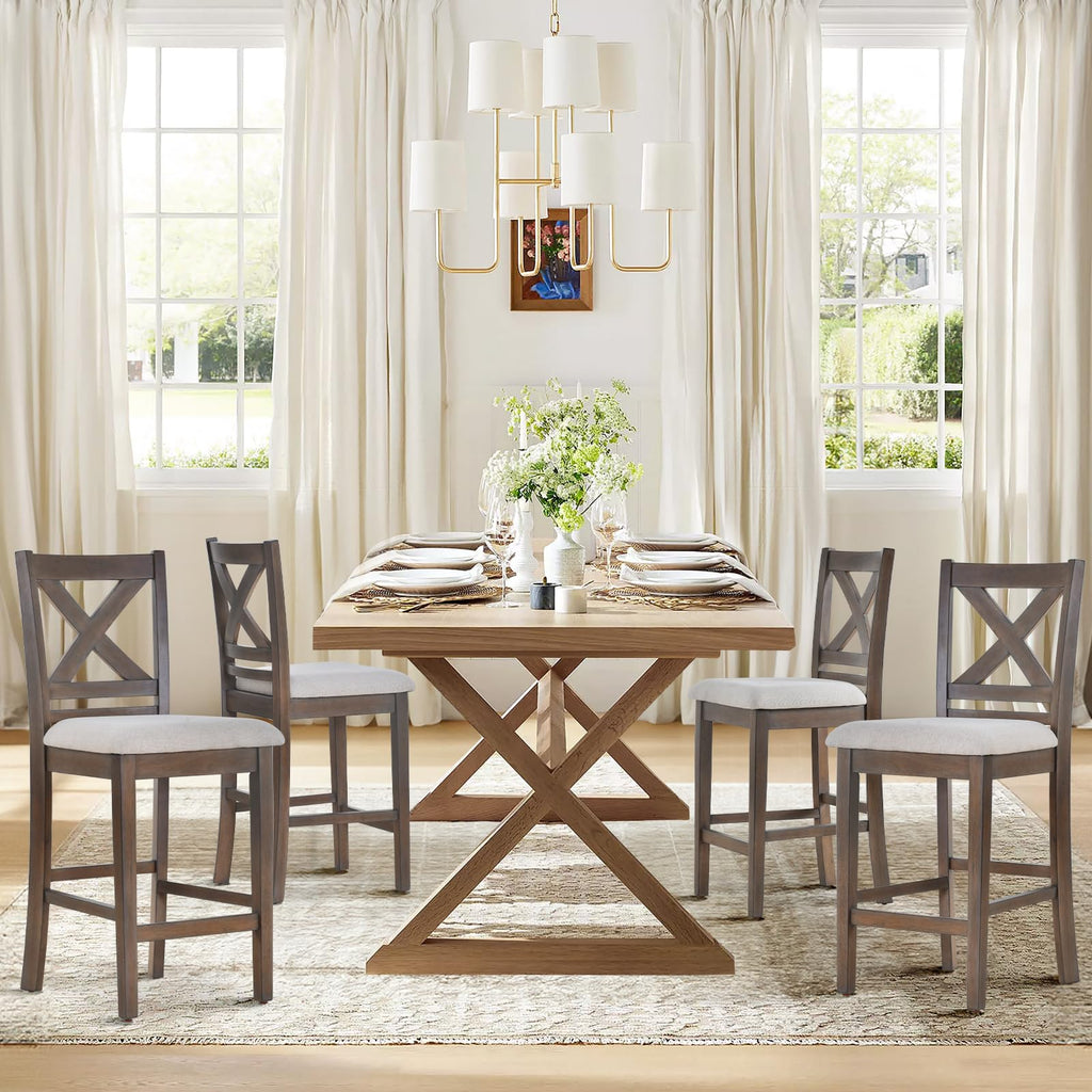 Upholstered Counter Height Bar Stools Set of 4, Modern Kitchen Island Barstools Chairs with Cross Back and Wood Legs