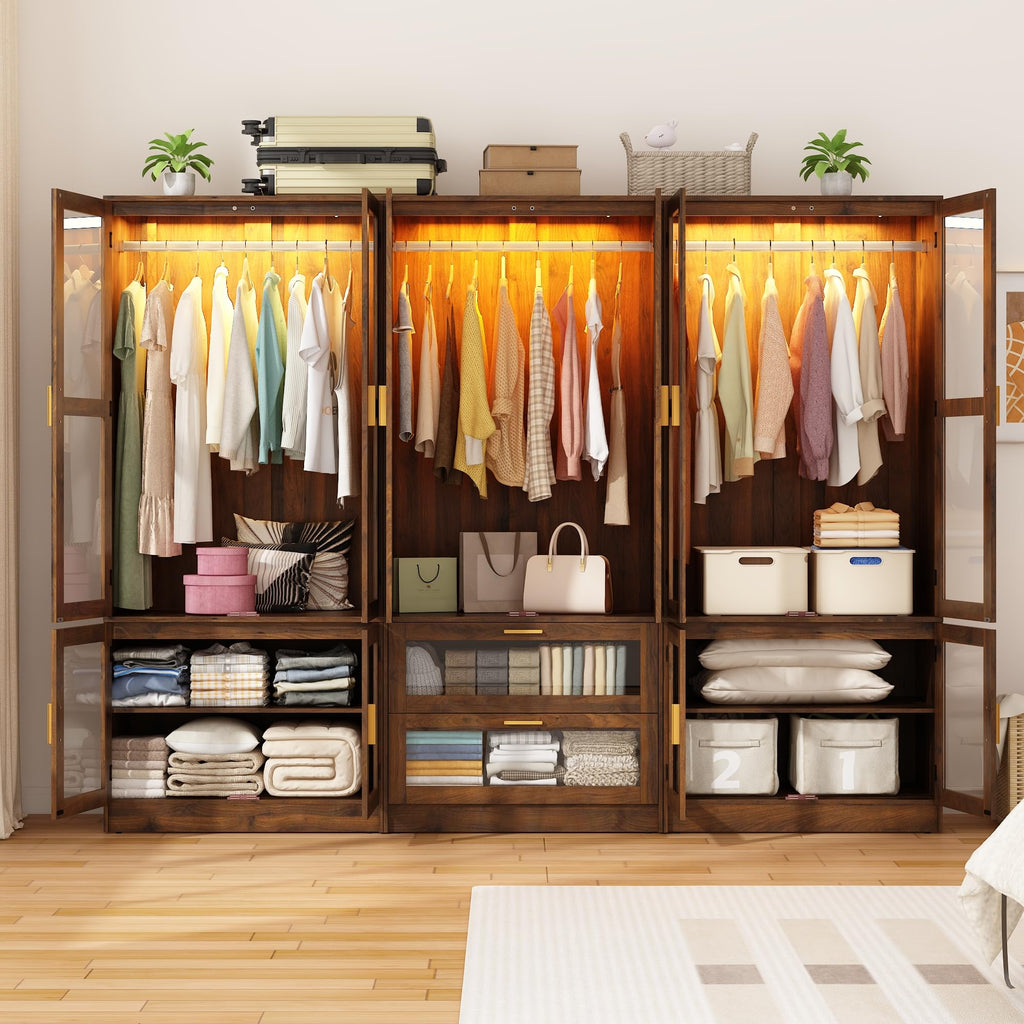 6 Doors Armoire Wardrobe Closet with Sensor LED Light and Mirror