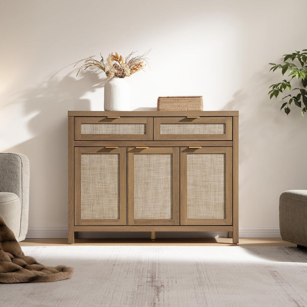 Rattan Sideboard Buffet Cabinet with Storage, Boho Credenza Accent | Storage Cabinet with 3 Doors and 2 Drawers
