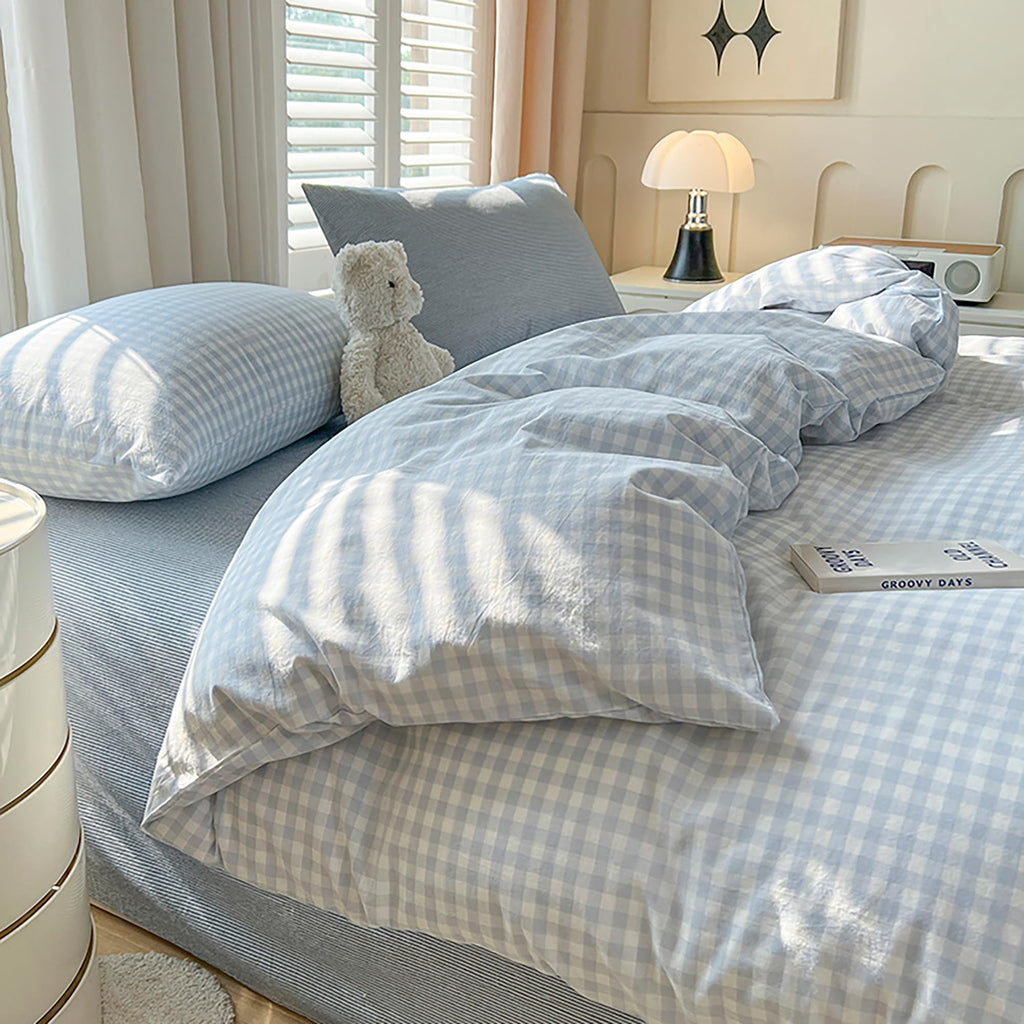 Gingham Comforter Set 3 Pieces, Soft Breathable Bed in a Bag, Light Blue White Checkered Plaid Bedding