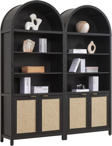 Book Shelf Arched Cabinet Bookshelf Arch 84.2" Tall Bookcase 5 Tier Large Bookshelves with Doors Storage Rattan Boho