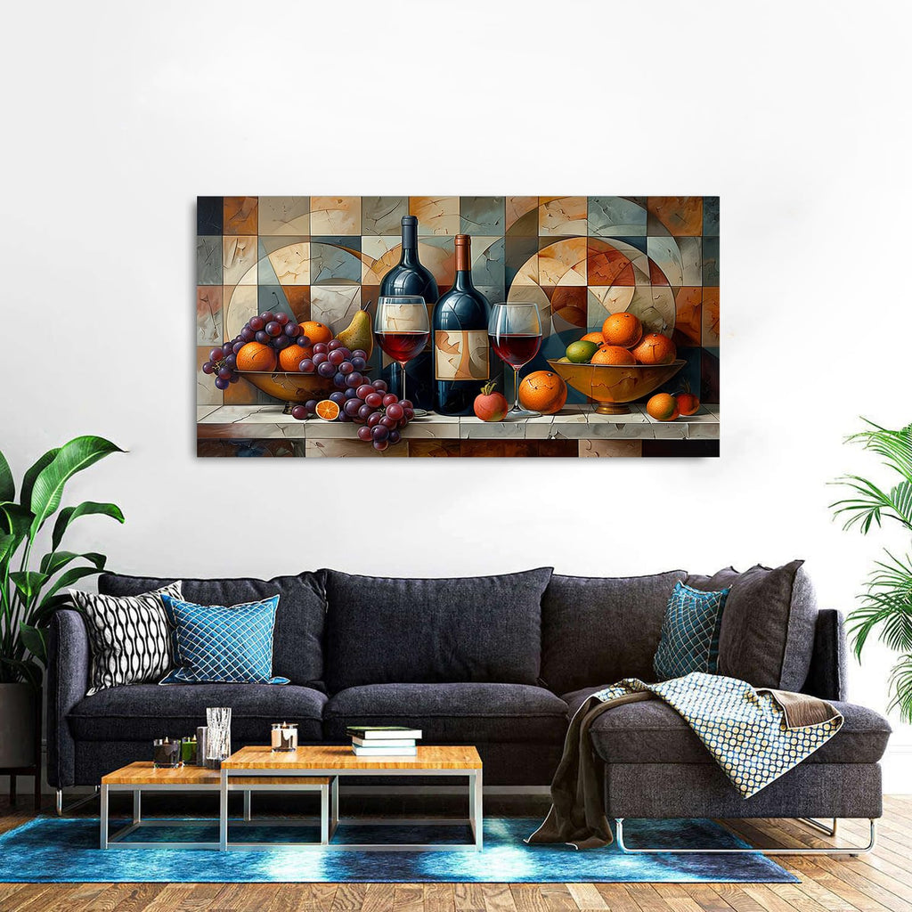 Geometric Kitchen Wall Art Abstract Wine Canvas Prints Red Wine Glass and Fruit Pictures Rustic Farmhouse Still Life