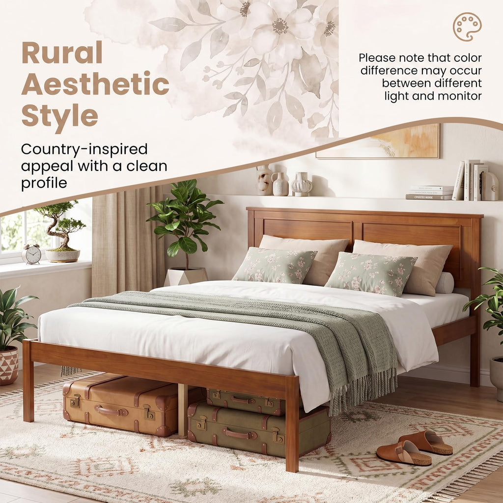 Full Size Bed Frame, Farmhouse Wooden Platform Bed with Headboard