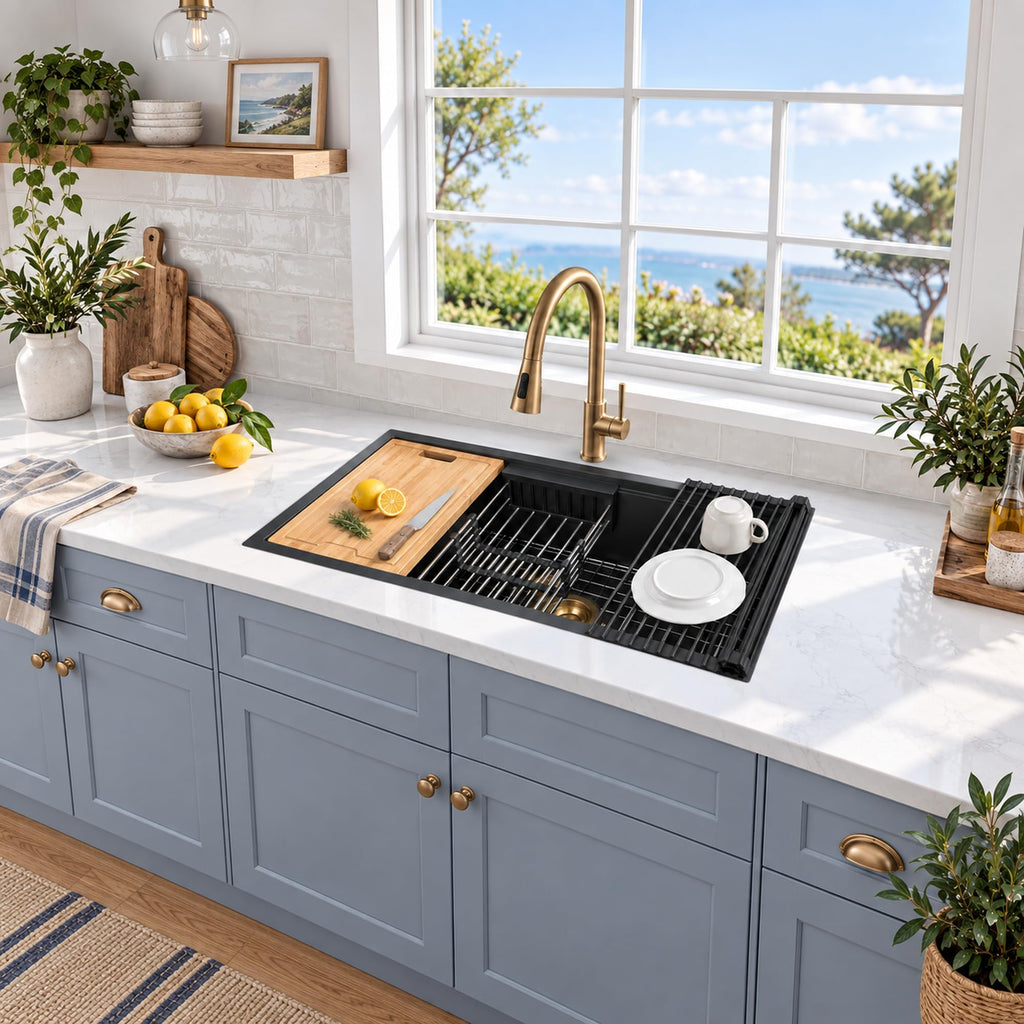 Black Undermount Kitchen Sink 30 Inch, Workstation Granite Sink