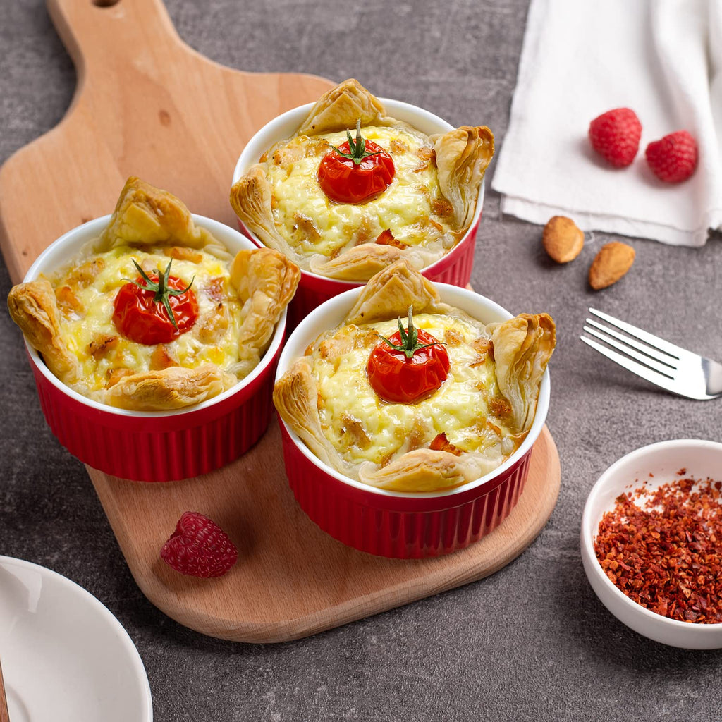 12 oz Set of 6 - Porcelain Creme Brulee Oven Safe Souffle Dishes, Ceramic Custard Cups for Baking, French Onion Soup