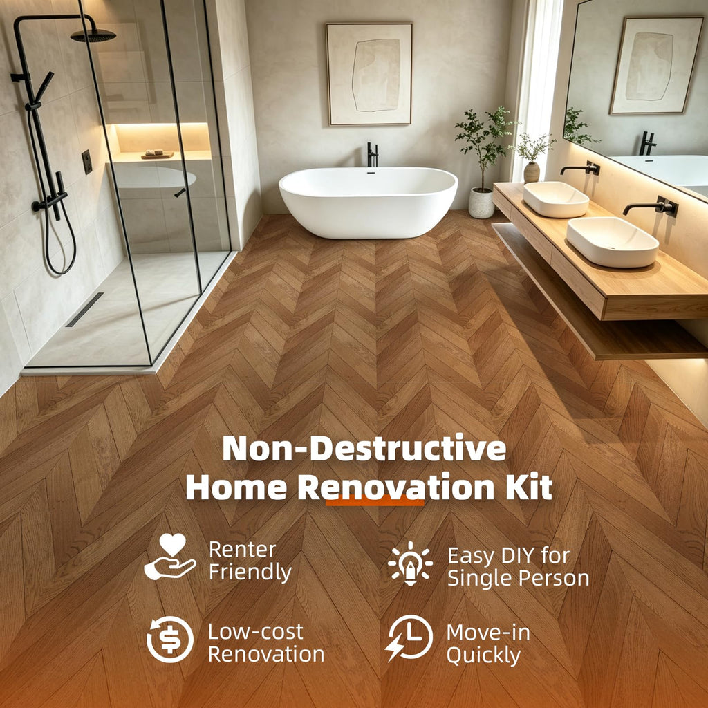 30-Pack Peel and Stick Floor Tiles (30 Sq.Ft), Herringbone Brown