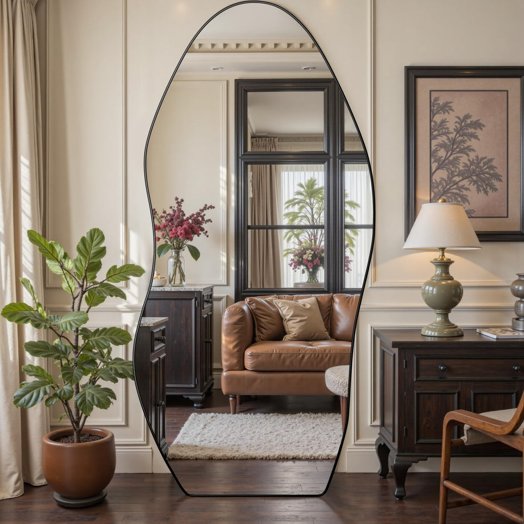 Irregular Full Length Mirror, 76"x36" Asymmetrical Floor Mirror with Stand, Standing Hanging Leaning Irregular