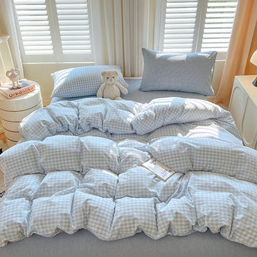 Gingham Comforter Set 3 Pieces, Soft Breathable Bed in a Bag, Light Blue White Checkered Plaid Bedding