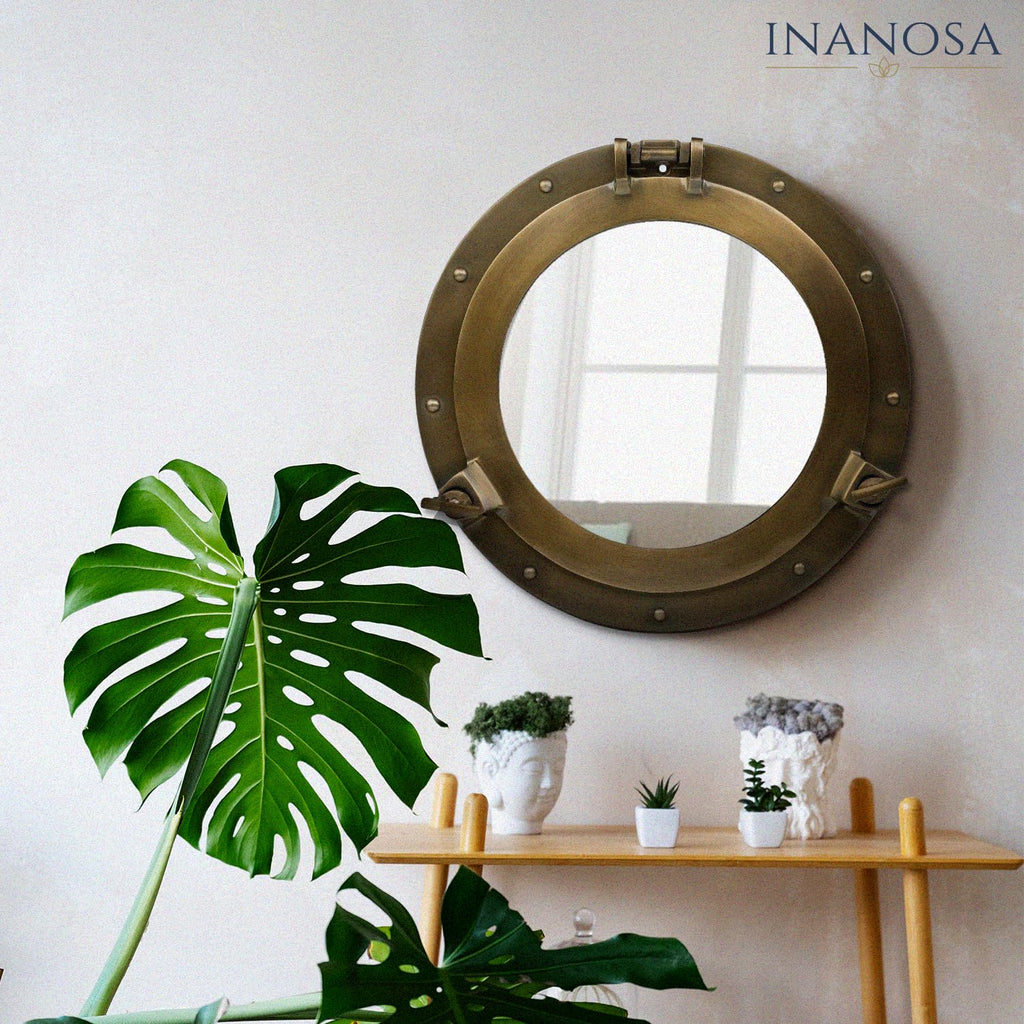 24 Inch Large Porthole Mirror - Oversized Antique Brass Aluminum Wall Art, Round Nautical Frame & Big Bathroom Walls