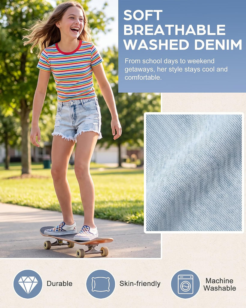 Girls Ripped Jean Shorts Elastic Mid Waist Denim Shorts