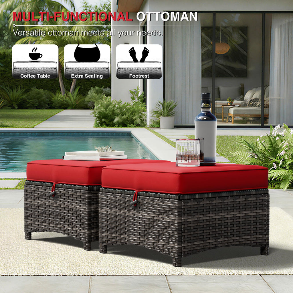 Outdoor Ottoman Set of 2, Patio Large Ottoman Foot Rest with Thickened Cushions, Outdoor Wicker Foot Stool for Porch