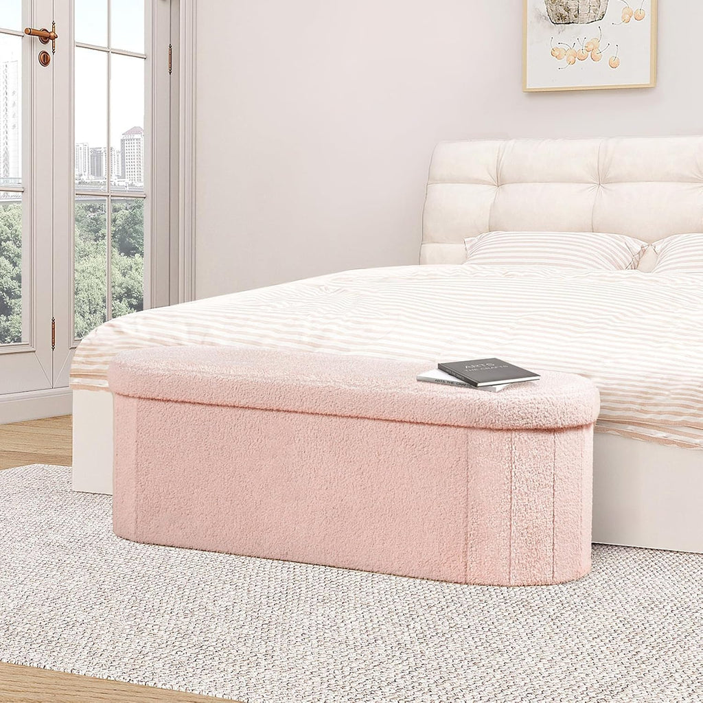 Ottoman with Storage , Sherpa Folding Storage Ottoman Foot Rest, 43.3 Inches Collapsible Bedroom Bench Pink