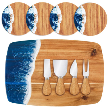 9 Pcs Ocean Resin Charcuterie Board Set, 4 Cheese Knives 4 Coasters