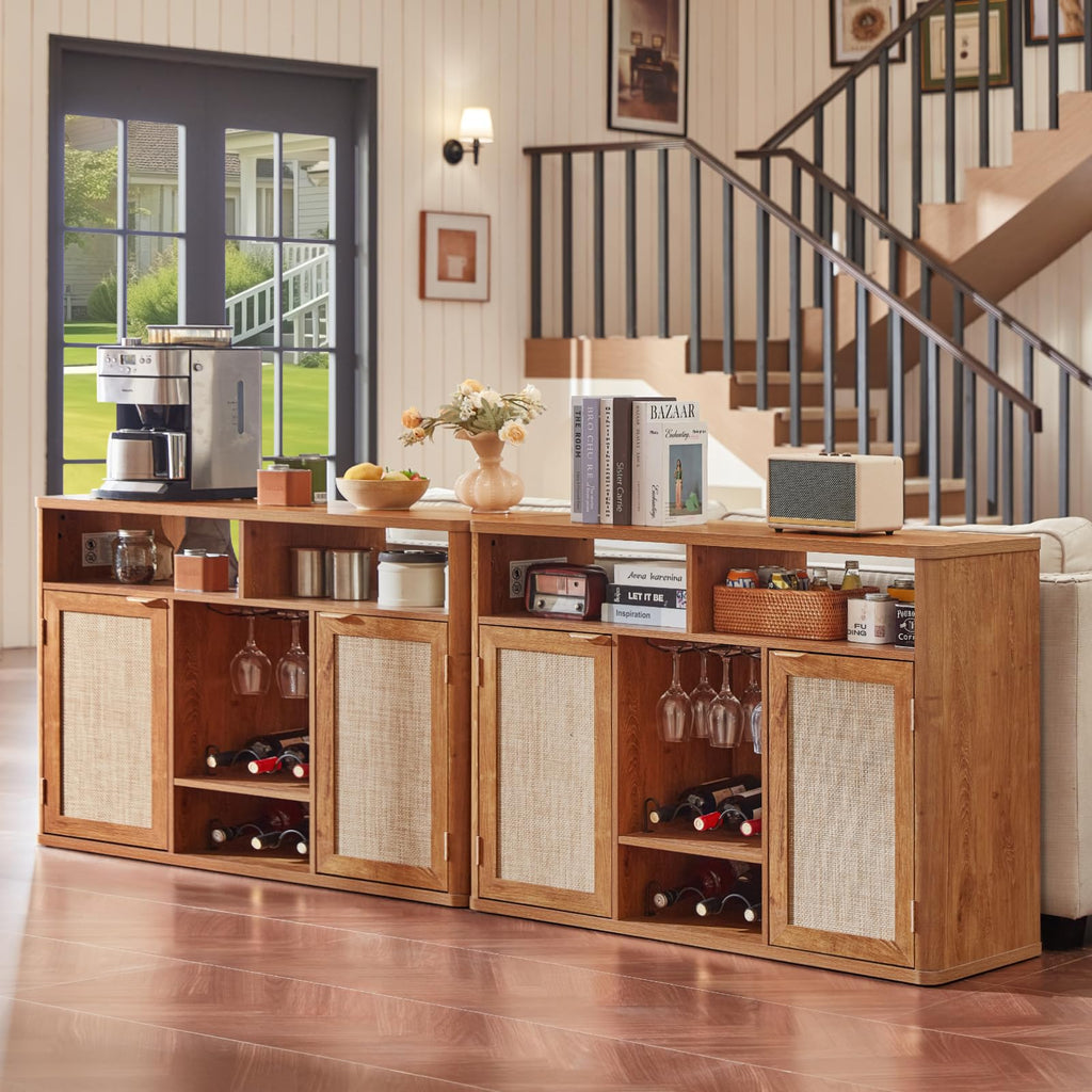 Rattan Wine Bar Cabinet with Storage, Tea Brown