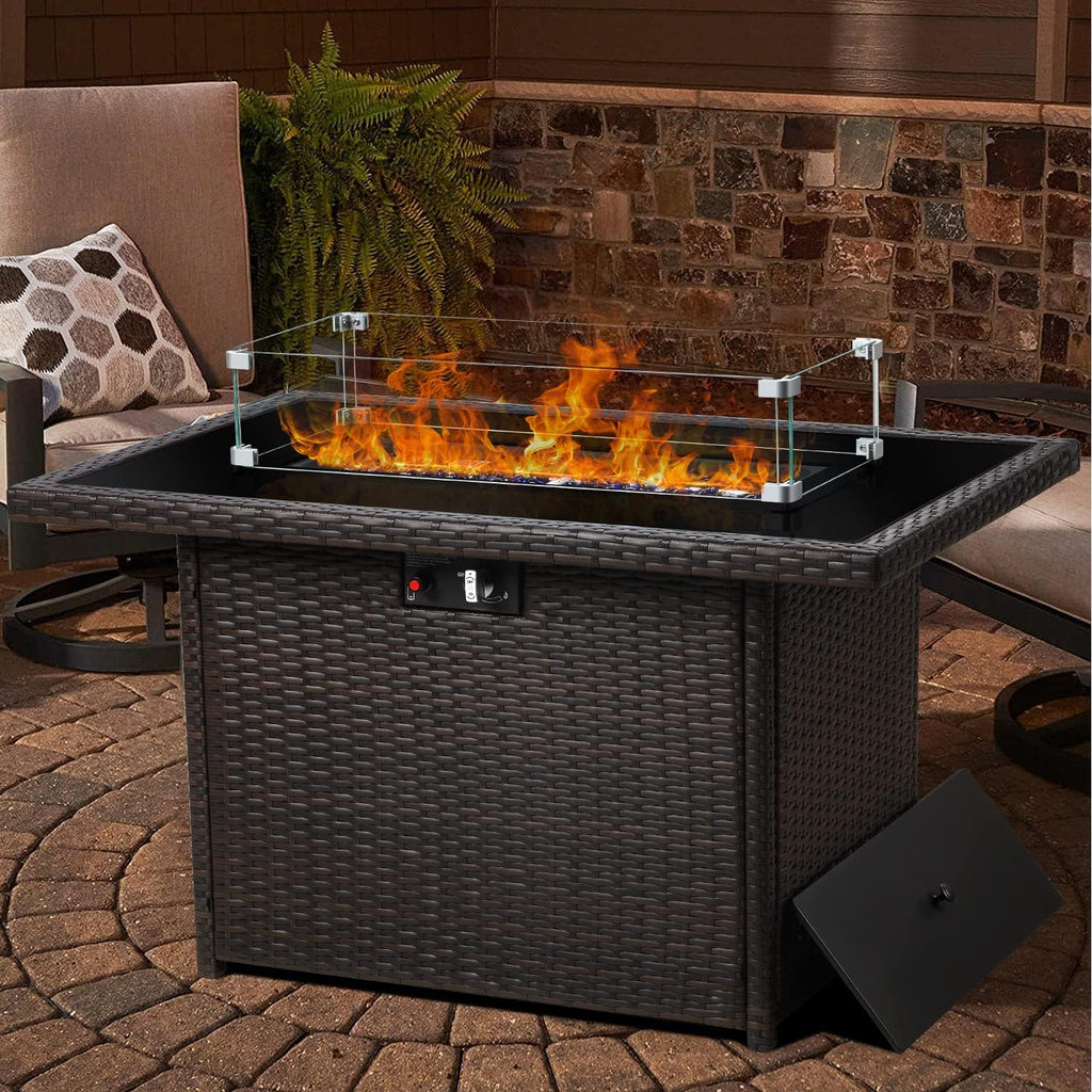 44" Propane Gas Fire Pit Table, 55000 BTU Rectangular Fire Pit with Glass Wind Guard for Outside Patio Deck Garden