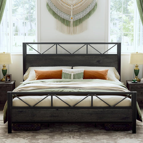 King Bed Frame, Tall Industrial Headboard 51.2 ", Platform Bed Frame with Strong Metal Support, Solid and Stable